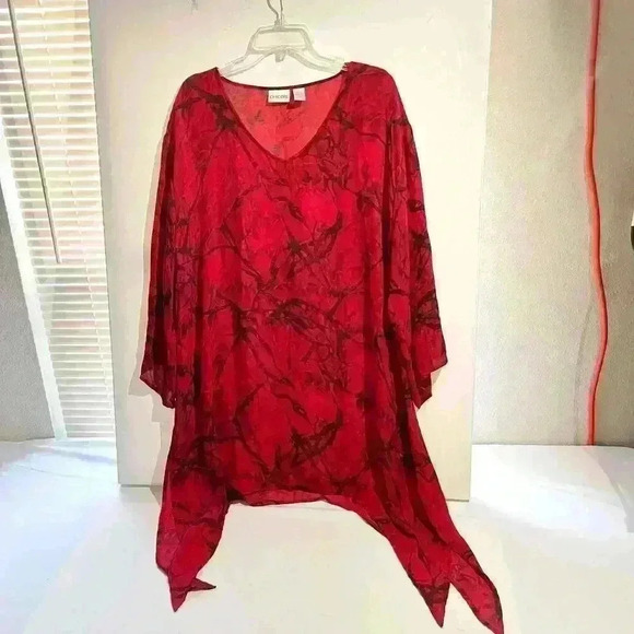 Vintage Chicos Lagenlook Floral Roses Longline Chiffon 100% Silk Top Blouse M/L - Picture 1 of 12